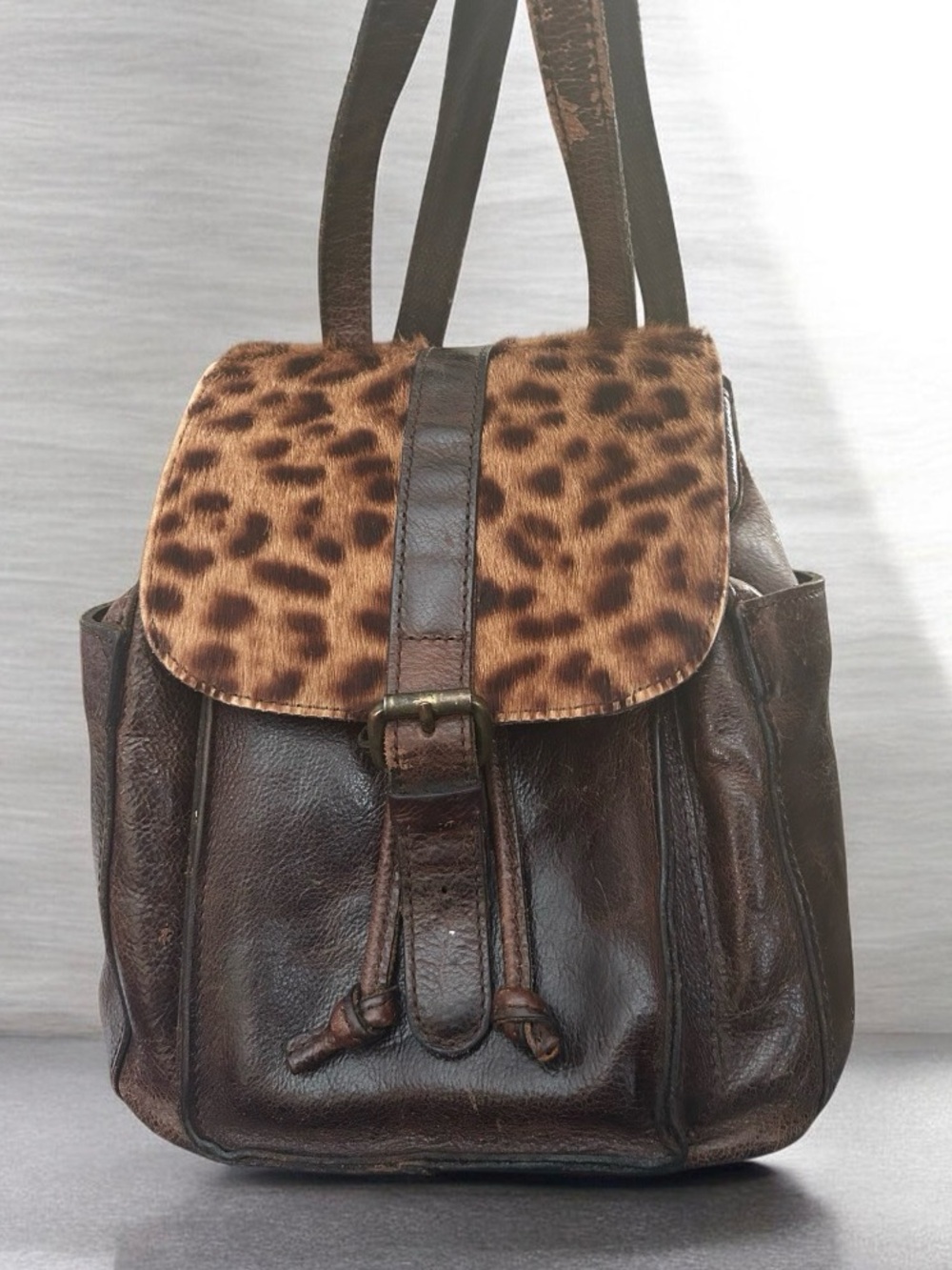 Patricia Nash Brown Leather Backpack with Leopard-Print “Hair-on-Hide” Flap